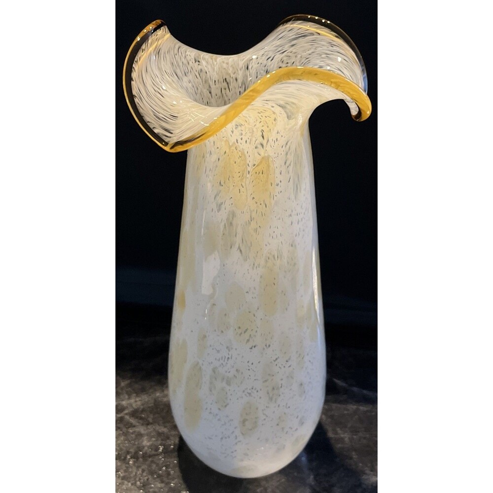 VNTG Hand Blown White Speckled Art Glass Vase With Yellow Ruffle Top 13x5 In